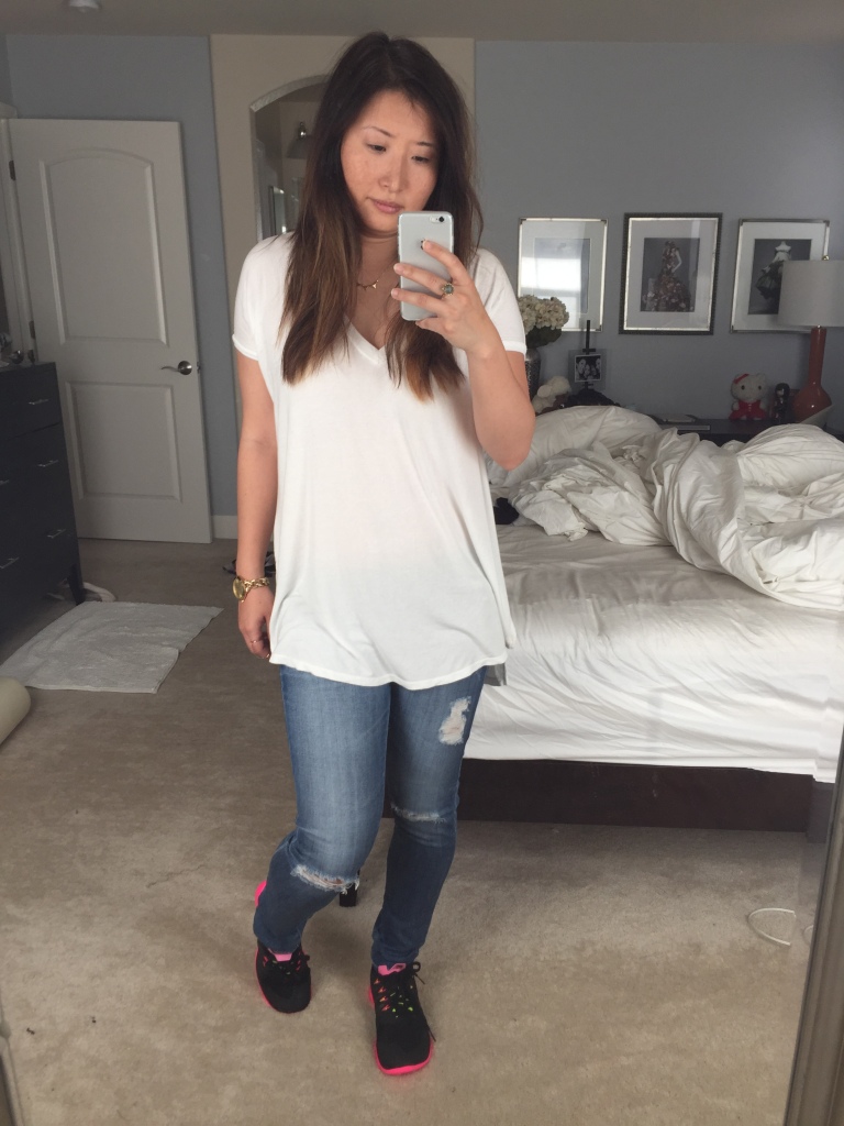 Breaking in clean shoes at home selfie.