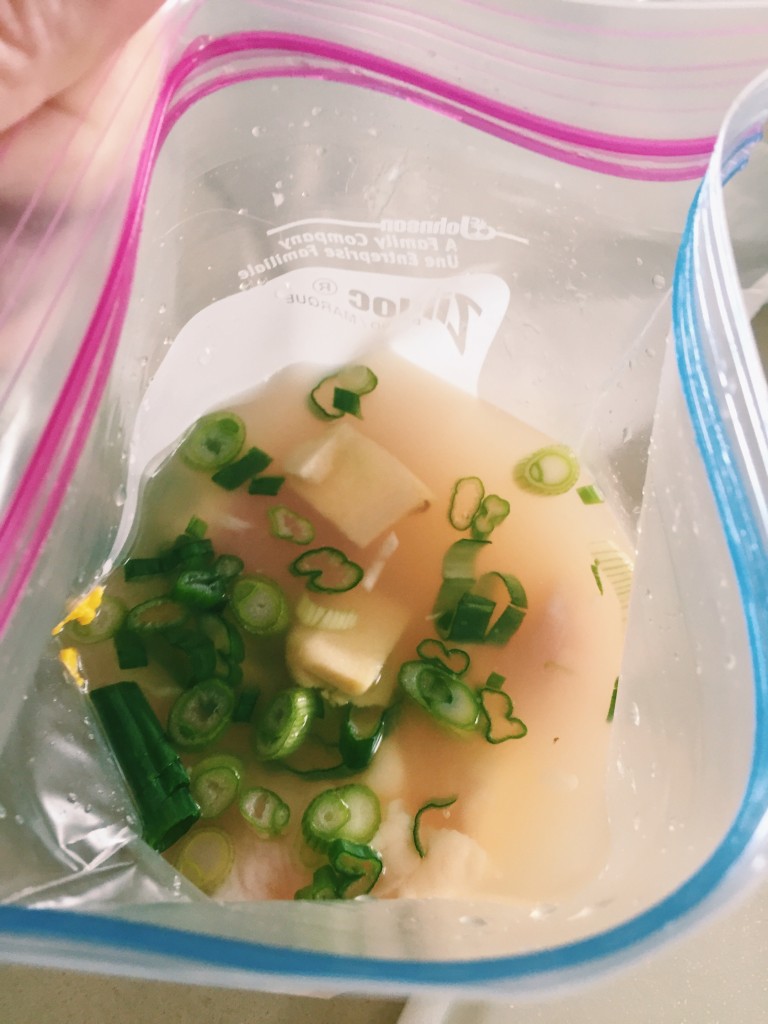 add equal amounts of green onion and ginger in each of the 2 bags. Seal using the water displacement method or a vacuum chamber.