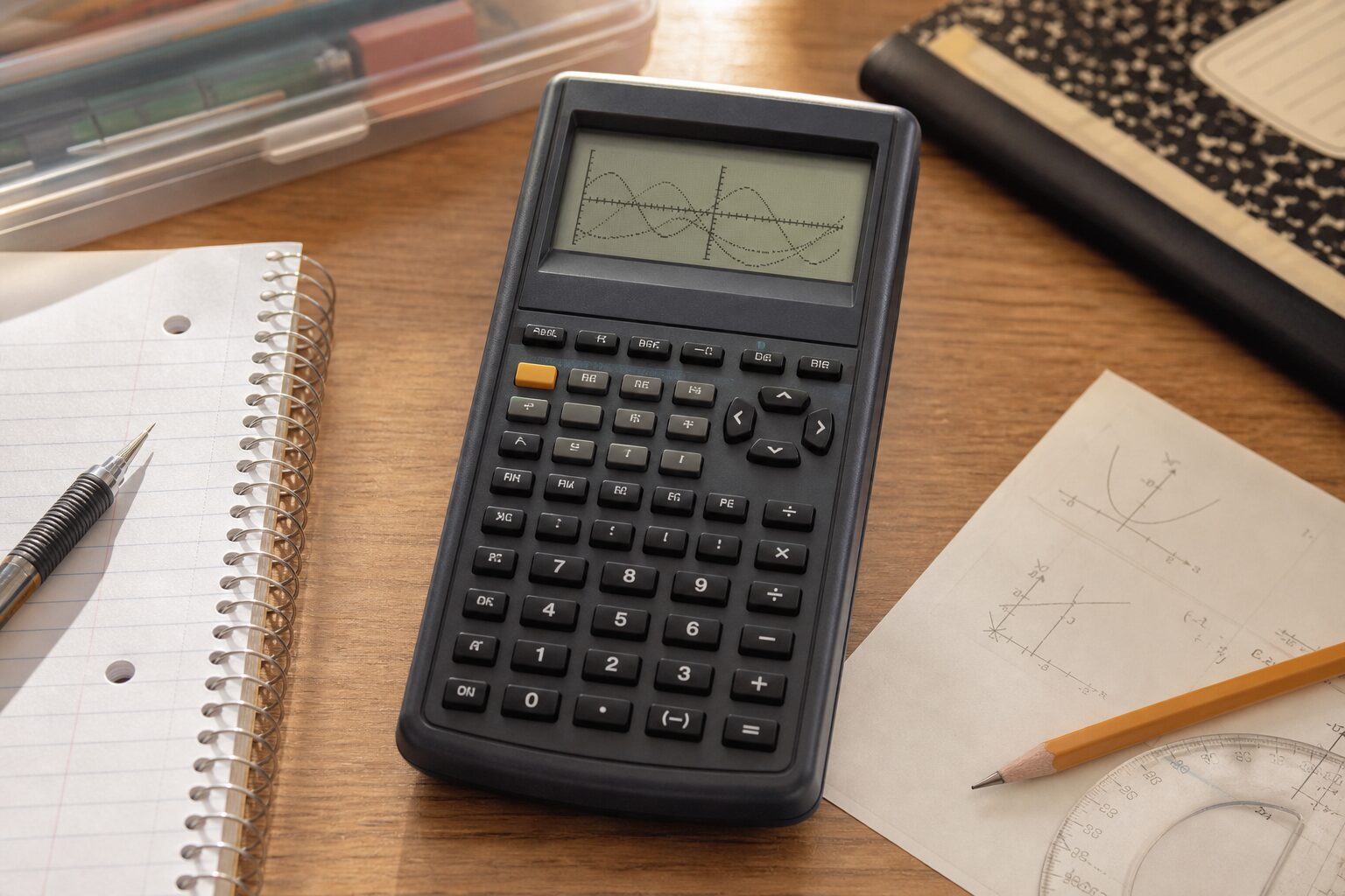 Vintage-style graphing calculator on a school desk with notebook and pencil