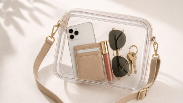 Clear stadium bag with phone, sunglasses, card holder, lip gloss, and keys