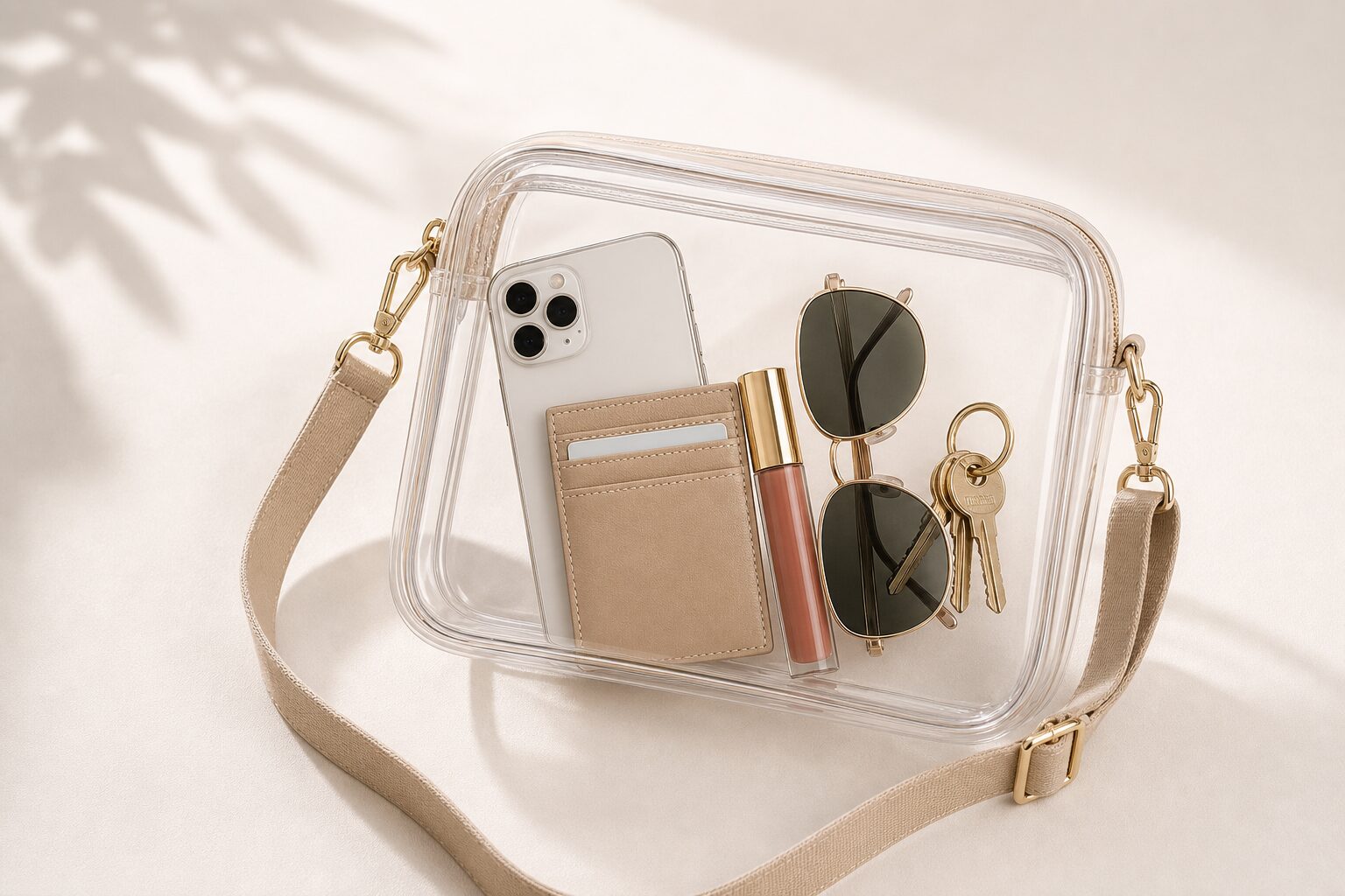 Clear stadium bag with phone, sunglasses, card holder, lip gloss, and keys